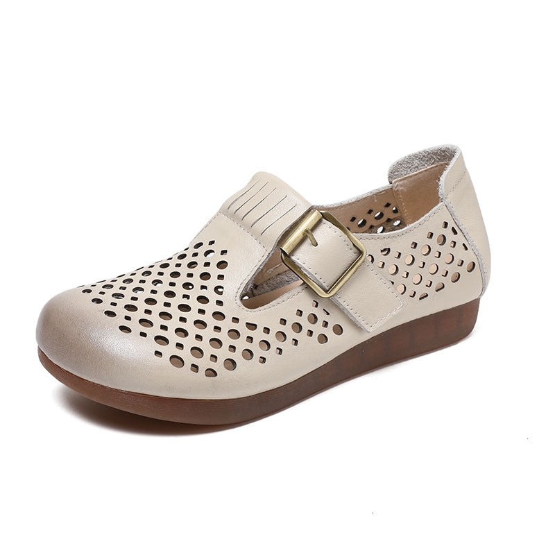 Hollow-out Women Leather Flat Shoes With Buckle Accents Newgew Shoes