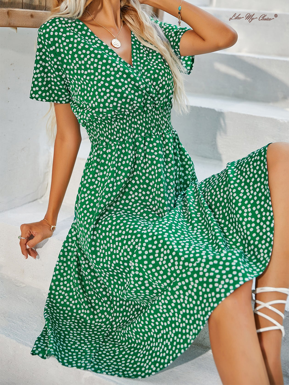 V-neck Polka Dot Crushed Flower Short Sleeve Dress Newgew Dresses