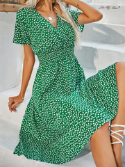 V-neck Polka Dot Crushed Flower Short Sleeve Dress Newgew Dresses