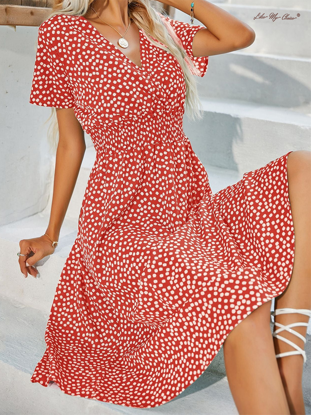 V-neck Polka Dot Crushed Flower Short Sleeve Dress Newgew Dresses