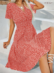 V-neck Polka Dot Crushed Flower Short Sleeve Dress Newgew Dresses