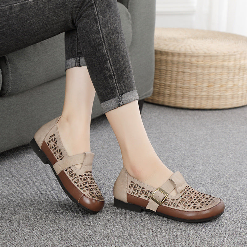 Leather Breathable Hollow-Out Flat Shoes With Buckle Accents Newgew Shoes