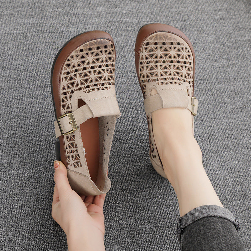 Leather Breathable Hollow-Out Flat Shoes With Buckle Accents Newgew Shoes