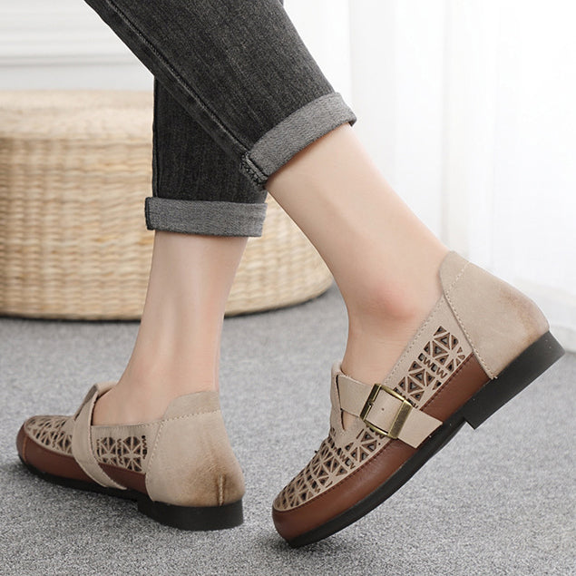 Leather Breathable Hollow-Out Flat Shoes With Buckle Accents Newgew Shoes