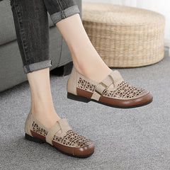 Leather Breathable Hollow-Out Flat Shoes With Buckle Accents Newgew Shoes