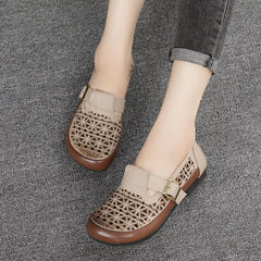 Leather Breathable Hollow-Out Flat Shoes With Buckle Accents Newgew Shoes