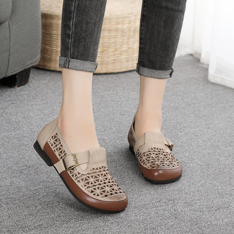 Leather Breathable Hollow-Out Flat Shoes With Buckle Accents Newgew Shoes