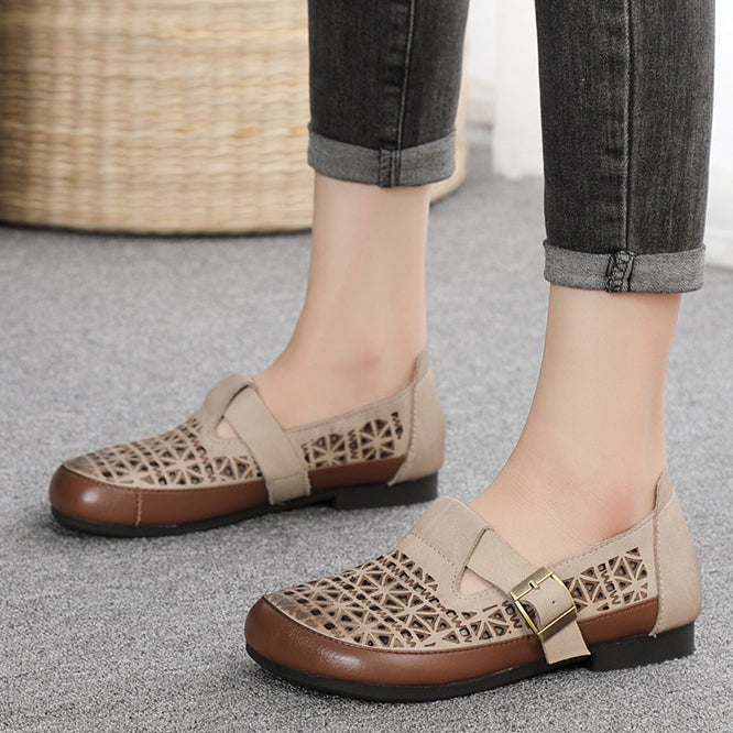 Leather Breathable Hollow-Out Flat Shoes With Buckle Accents Newgew Shoes