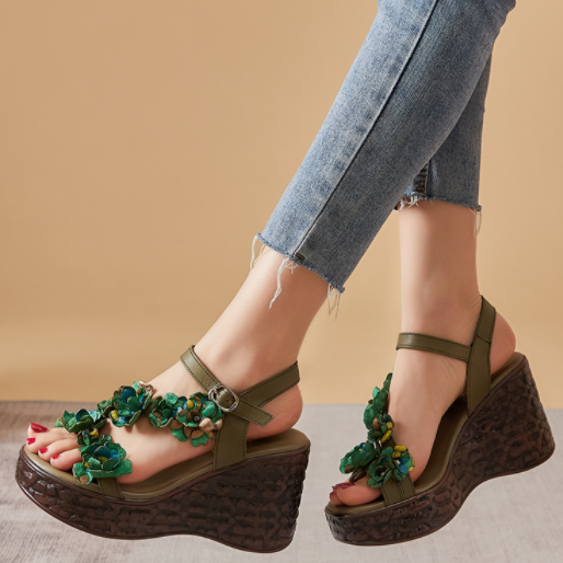 Leather High Heels Flower Platform Wedge Sandals Newgew Shoes