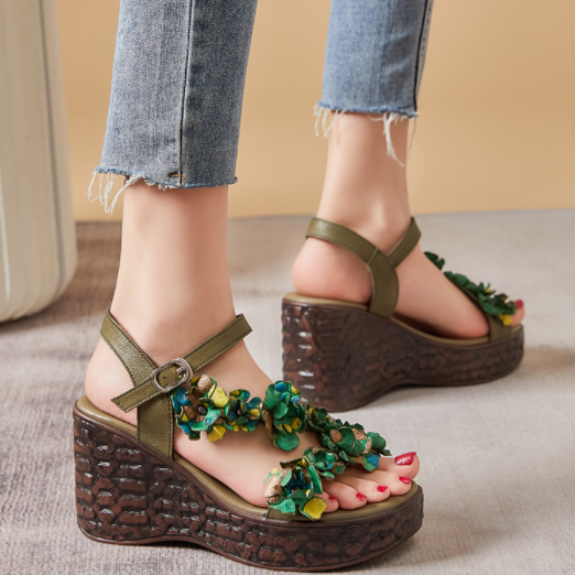 Leather High Heels Flower Platform Wedge Sandals Newgew Shoes