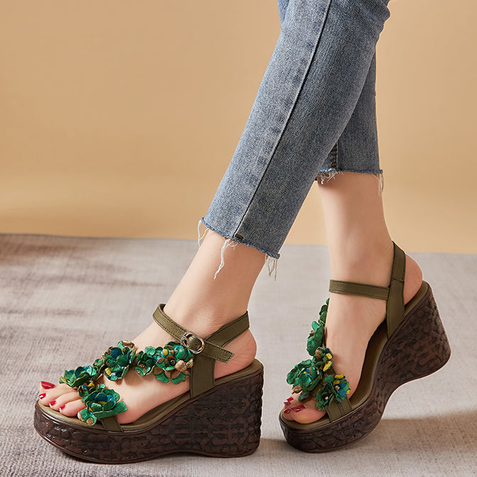 Leather High Heels Flower Platform Wedge Sandals Newgew Shoes