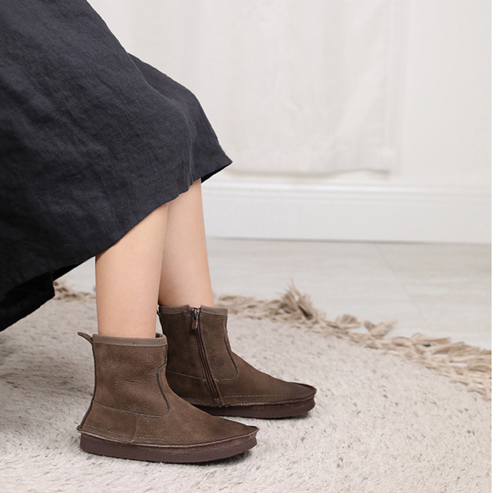 Leather Round Toe Stitching Side Zipper Retro Women Boots Newgew Shoes
