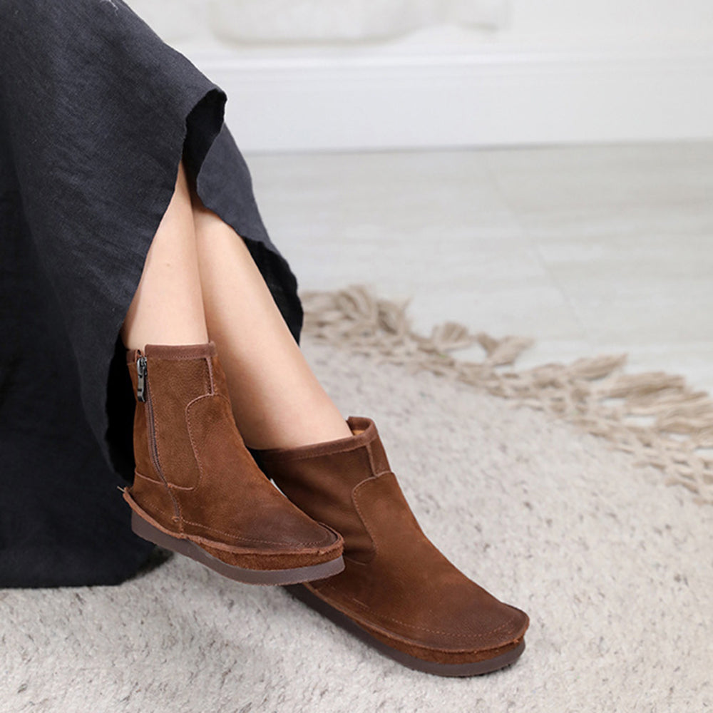 Leather Round Toe Stitching Side Zipper Retro Women Boots Newgew Shoes