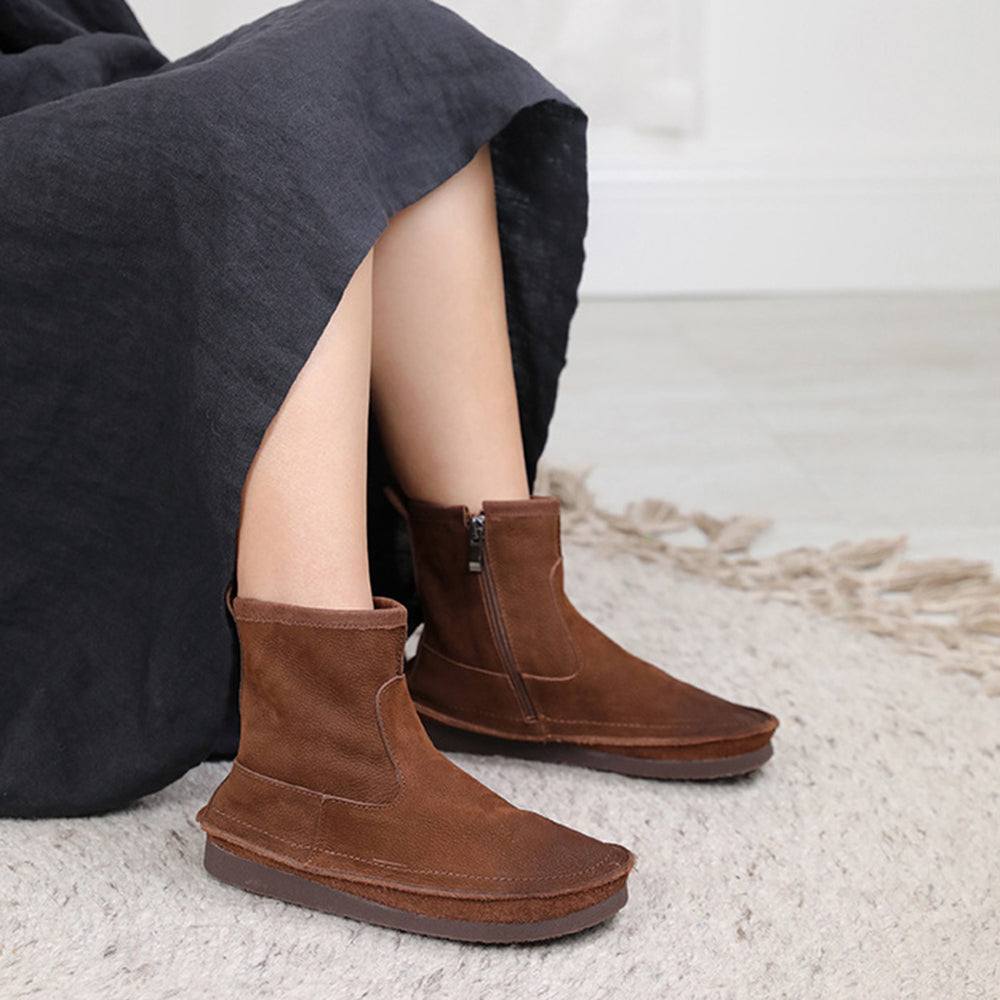 Leather Round Toe Stitching Side Zipper Retro Women Boots Newgew Shoes