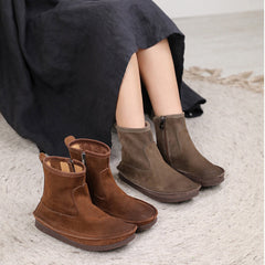 Leather Round Toe Stitching Side Zipper Retro Women Boots Newgew Shoes