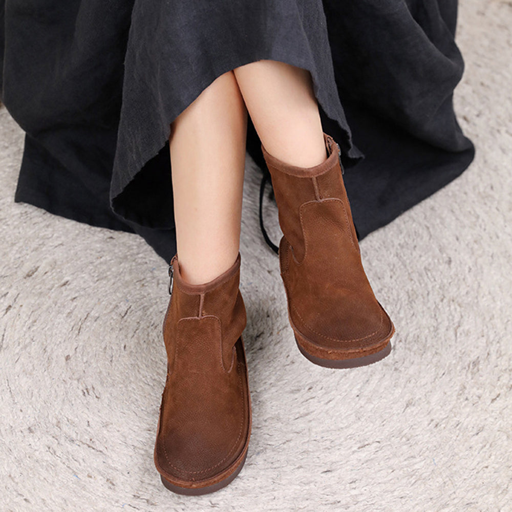 Leather Round Toe Stitching Side Zipper Retro Women Boots Newgew Shoes