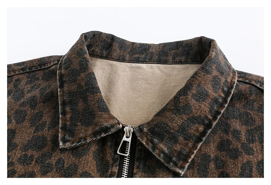 Leopard Print Zipped Trucker Jacket Newgew