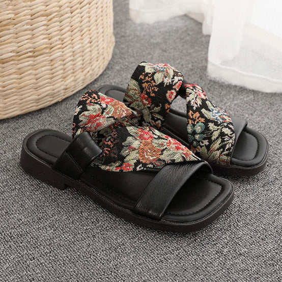 Linen Printed Fashion Open Toe Genuine Leather Slippers Newgew Shoes