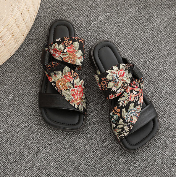 Linen Printed Fashion Open Toe Genuine Leather Slippers Newgew Shoes