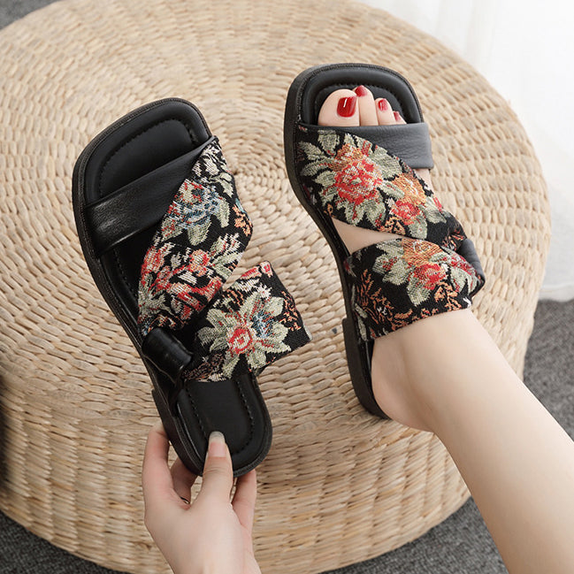 Linen Printed Fashion Open Toe Genuine Leather Slippers Newgew Shoes