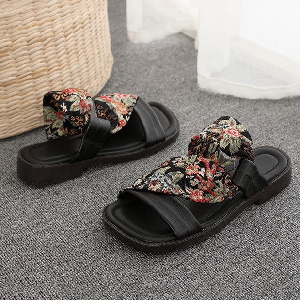 Linen Printed Fashion Open Toe Genuine Leather Slippers Newgew Shoes