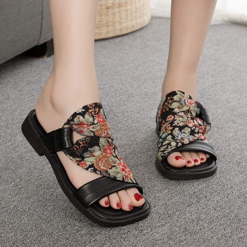 Linen Printed Fashion Open Toe Genuine Leather Slippers Newgew Shoes