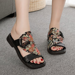 Linen Printed Fashion Open Toe Genuine Leather Slippers Newgew Shoes