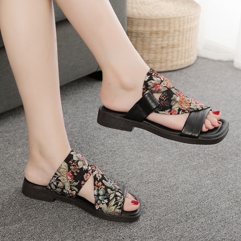 Linen Printed Fashion Open Toe Genuine Leather Slippers Newgew Shoes