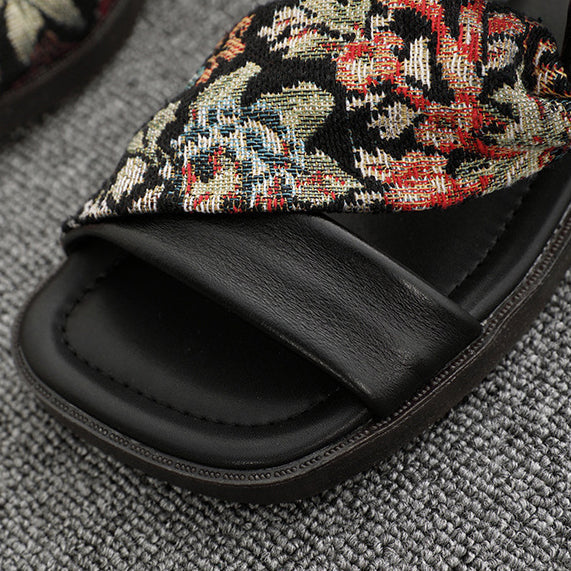 Linen Printed Fashion Open Toe Genuine Leather Slippers Newgew Shoes