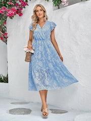 Rebecca V-Neck A-Line Dress:   Floral Flutter Sleeve Surplice Midi Newgew Dresses
