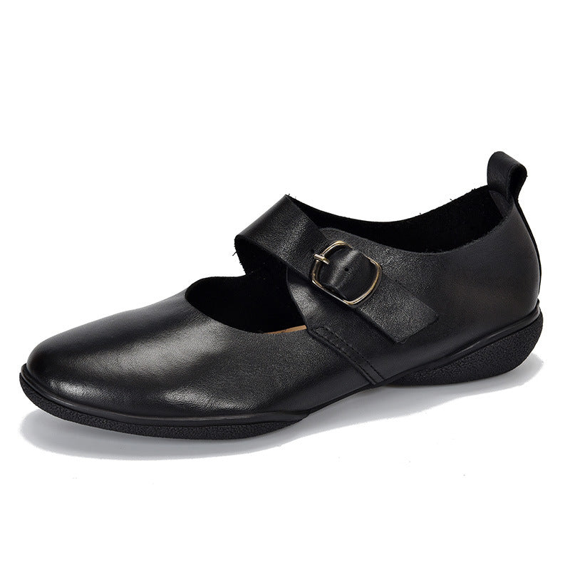 Mary Jane Soft Round Toe Leather Shoes with Buckle Accents Newgew Shoes