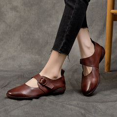 Mary Jane Soft Round Toe Leather Shoes with Buckle Accents Newgew Shoes