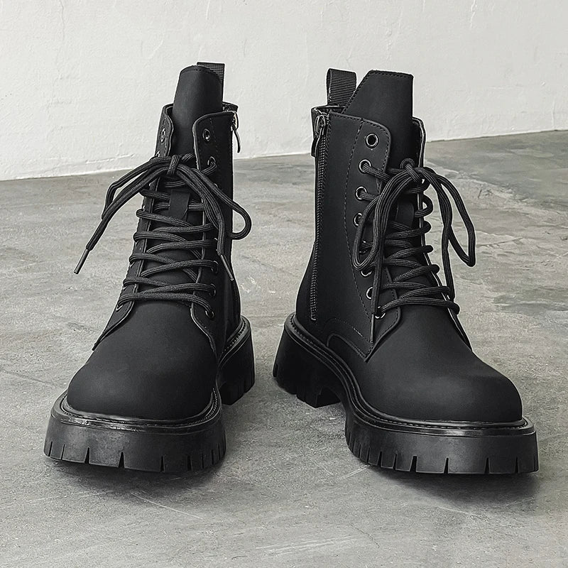 Matte Black Chunky Lace-Up Boots Newgew