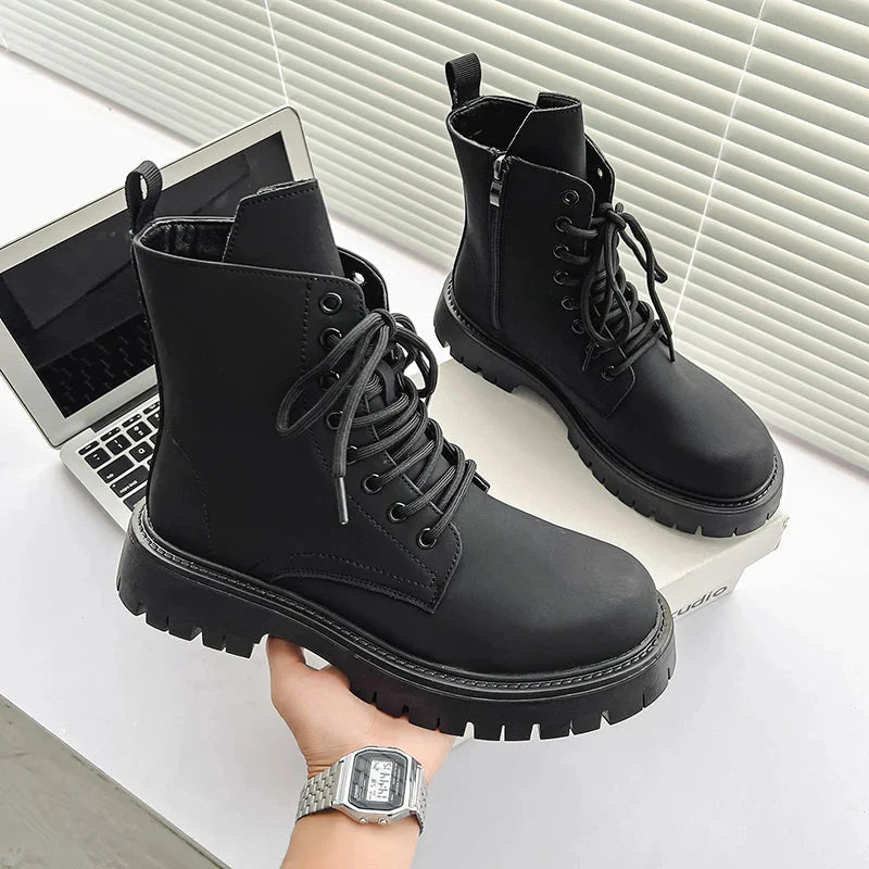 Matte Black Chunky Lace-Up Boots Newgew