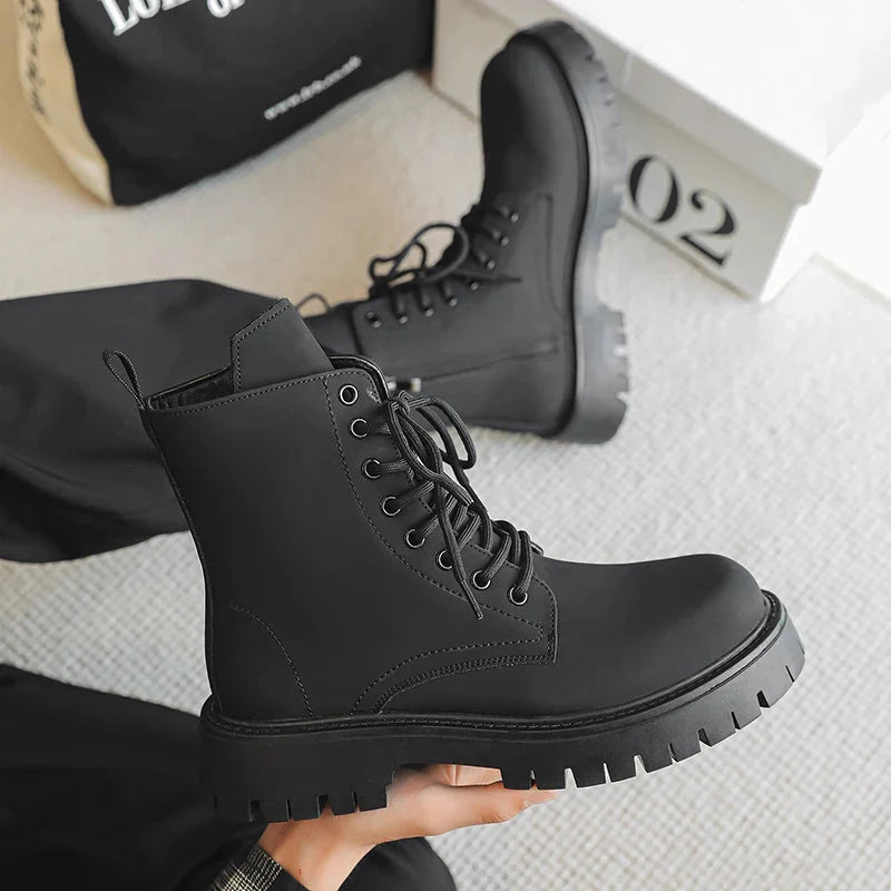 Matte Black Chunky Lace-Up Boots Newgew