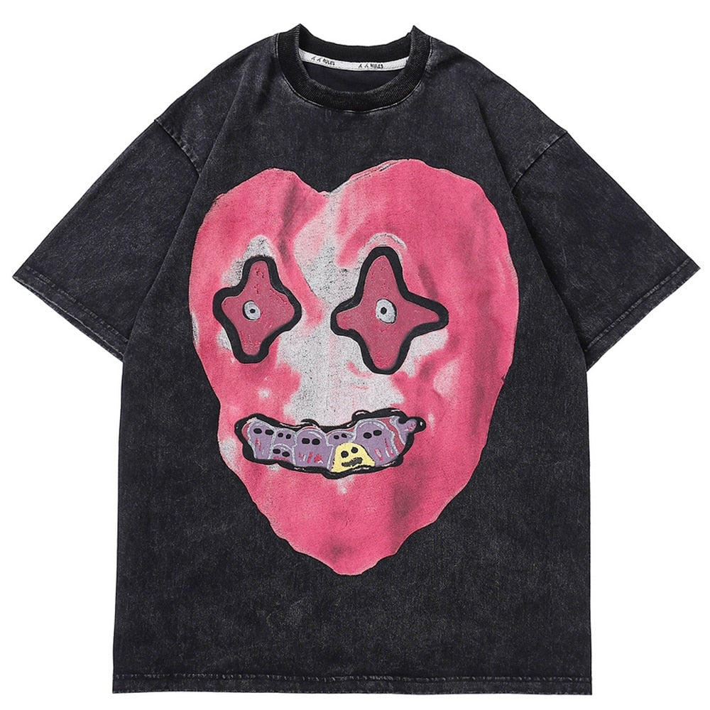 'Nightmare Heart' Acid Washed Graphic Print T-Shirt Newgew