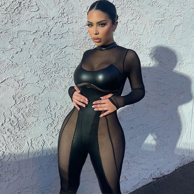 One Piece Long Sleeve Mesh Bodycon Jumpsuit Newgew