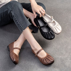 Women Retro Pleated Leather Soft Casual Flats Newgew Shoes