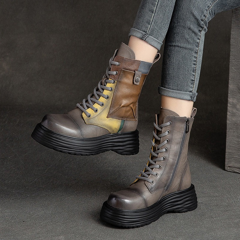 Women Retro Patchwork Leather Platform Combat Boots Newgew Shoes