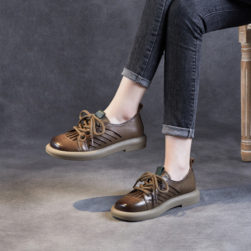 Women Retro Hollow Leather Flat Casual Shoes Newgew Shoes