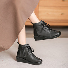 Women Minimalist Leather Furred Low Wedge Boots Newgew Shoes