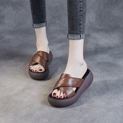 Women Leather Summer Casual Platform Slide Sandals Newgew Shoes