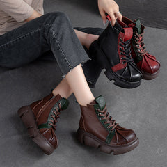 Women Retro Patchwork Leather Casual Ankle Boots Newgew Shoes