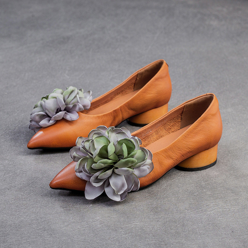 Women Retro Casual Flower Leather Low Block Pumps Newgew Shoes