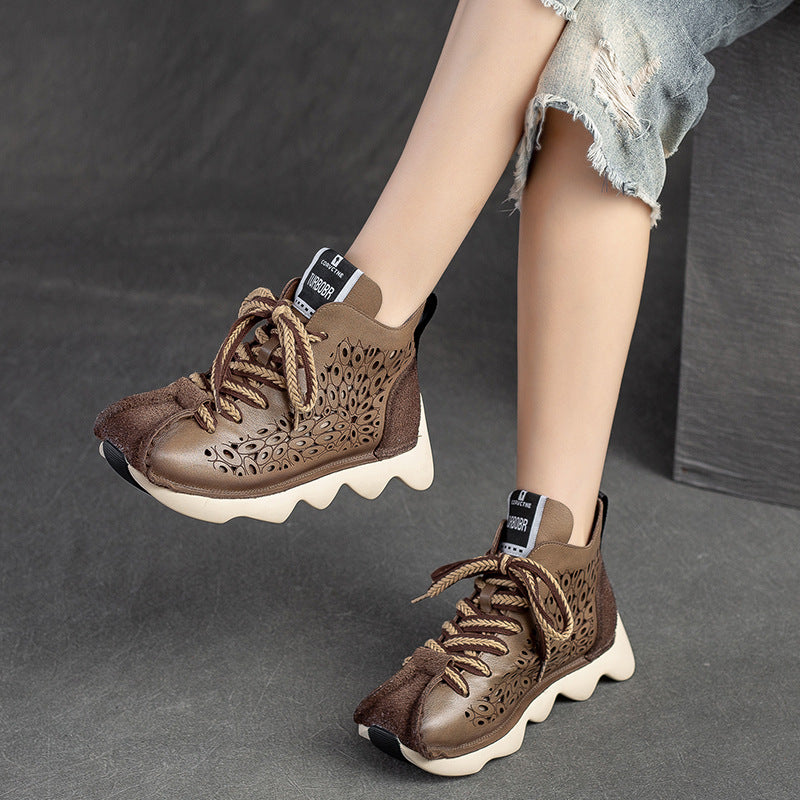 Women Retro Hollow Leather Lug Sole Ankle Boots Newgew Shoes