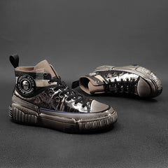 Men Stylish Glossy Leather Patchwork High Top Casual Shoes Newgew Shoes