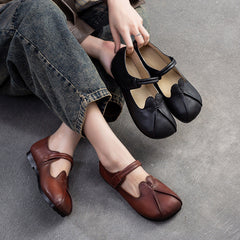 Women Retro Leather Casual Velcro Tape Flat Shoes Newgew Shoes