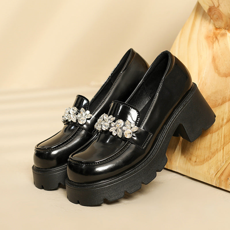 Women Casual Leather Crystal Chunky Heel Loafers Newgew Shoes