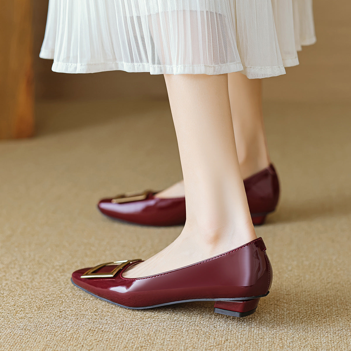 Women Fashion Glossy Leather Low Block Pumps Newgew Shoes