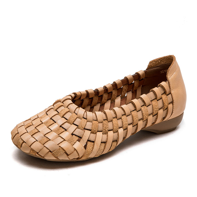 Women Handcraft Plaited Leather Soft Low Block Sandals Newgew Shoes